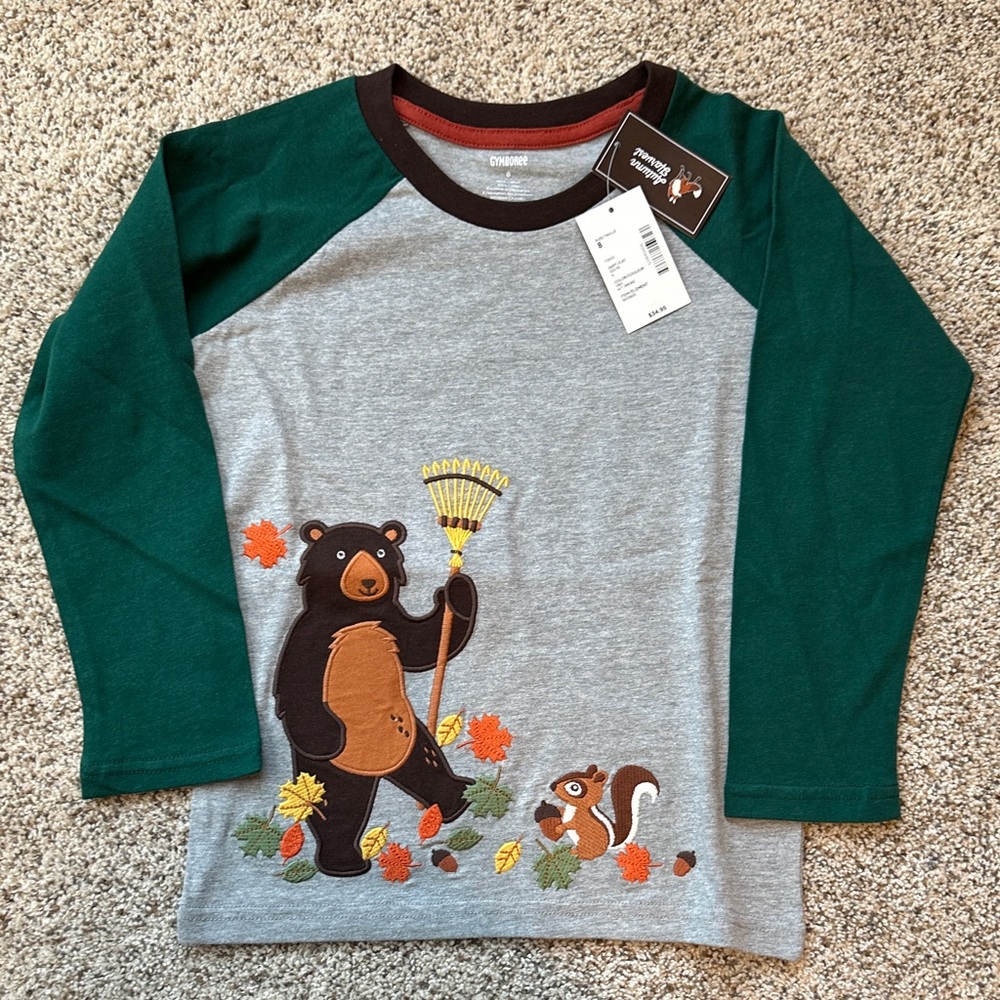 NWT Gymboree Forest Green and Gray Raglan appliqué Bear and Squirrel tee size 8